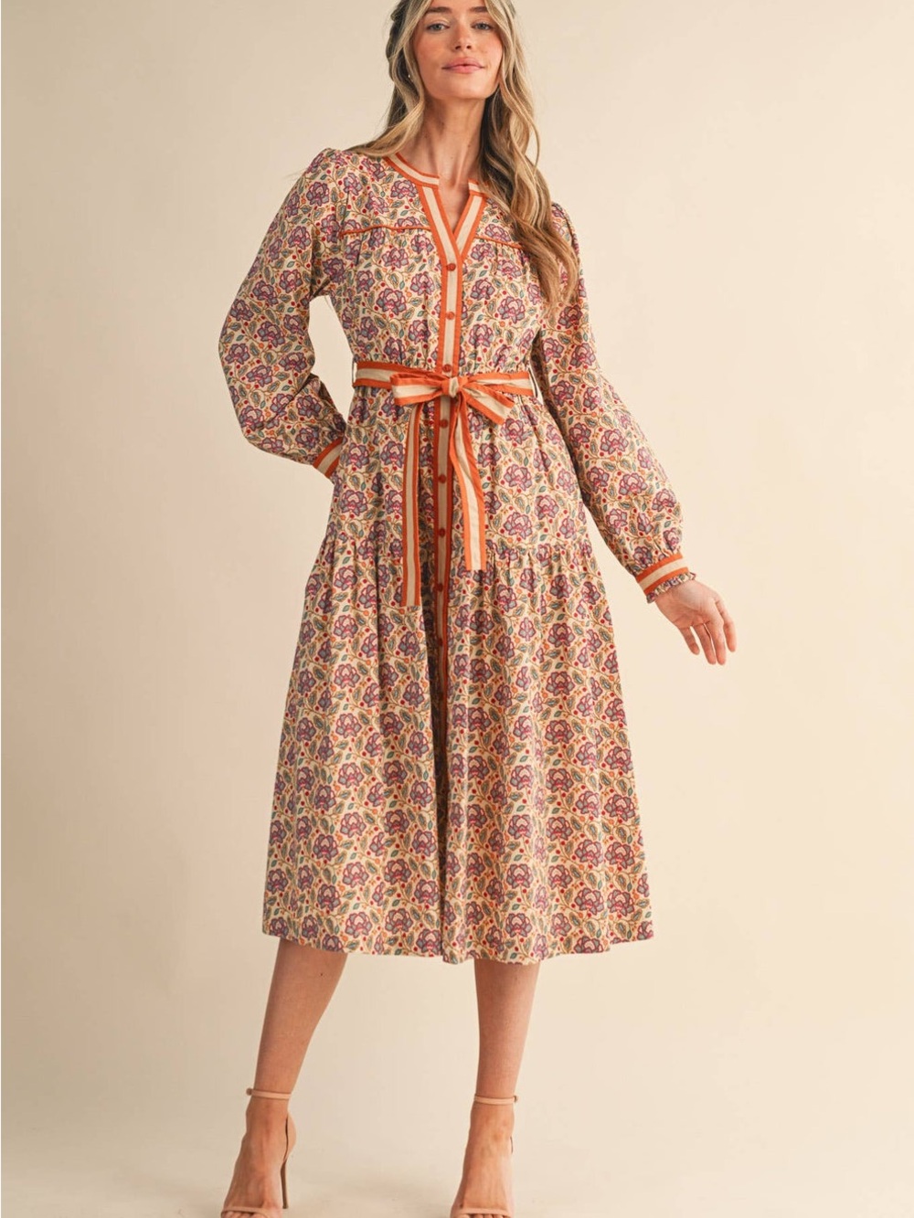 &merci Boho Floral Midi Dress with Orange Trim and Tie Waist